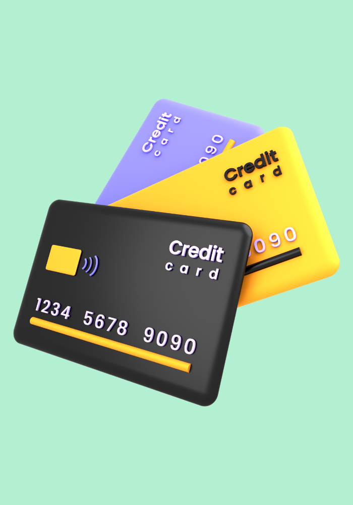 Three colorful credit cards (black, yellow, and purple) stacked on a mint green background, symbolizing secure and flexible payment processing.