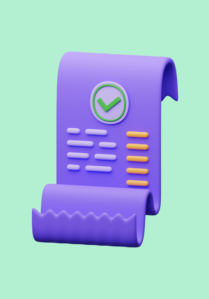 A stylized purple restaurant receipt with a green checkmark on a mint green background, symbolizing successful transactions and seamless payment processing.