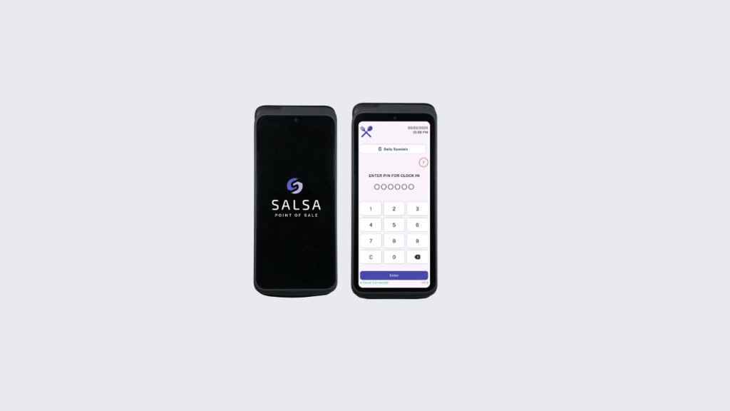 Two handheld mobile devices displaying the Salsa Point of Sale system—one with the Salsa logo and the other showing the employee clock-in PIN entry screen, on a light gray background.
