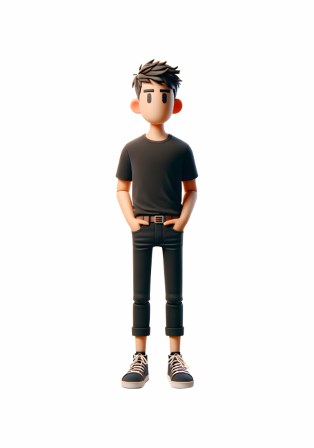 A 3D-rendered restaurant manager wearing a casual black outfit, standing confidently with hands in pockets.