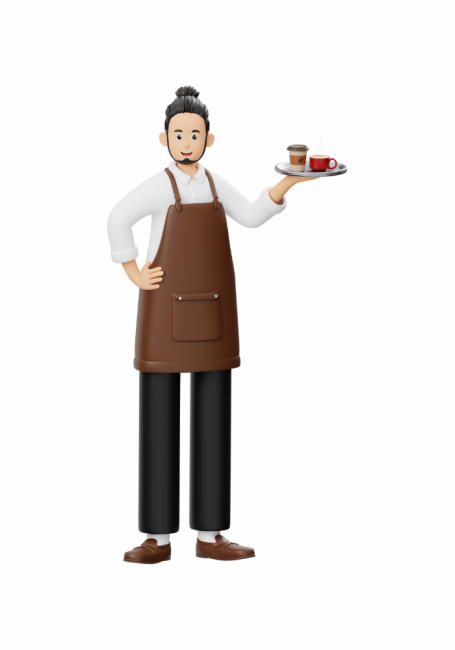 A 3D-rendered barista wearing a brown apron, holding a tray with a coffee cup and a to-go cup, ready to serve.