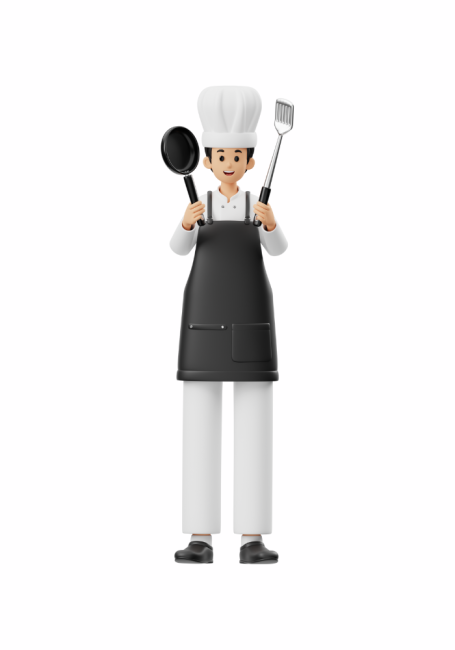 A 3D-rendered chef wearing a white hat and black apron, holding a frying pan and a spatula, ready to cook.