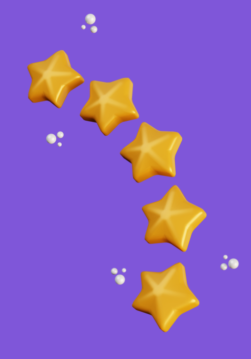 Five gold stars arranged diagonally on a purple background, representing a high-quality rating.