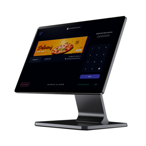 Angled touchscreen point-of-sale terminal displaying the Salsa POS system with a clock-in PIN pad and a digital pizza promo on screen.